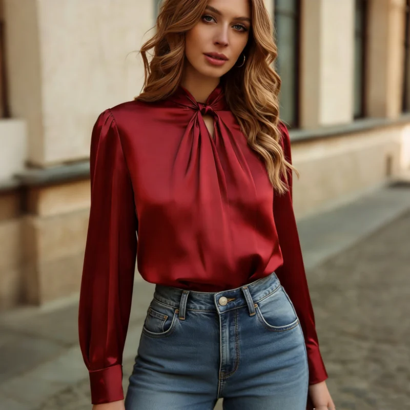 

Женская элегантная блузка с вырезами и длинными рукавами, весна 2026, осенняя офисная рубашка с воротником-стойкой, однотонная, модная повседневная одежда