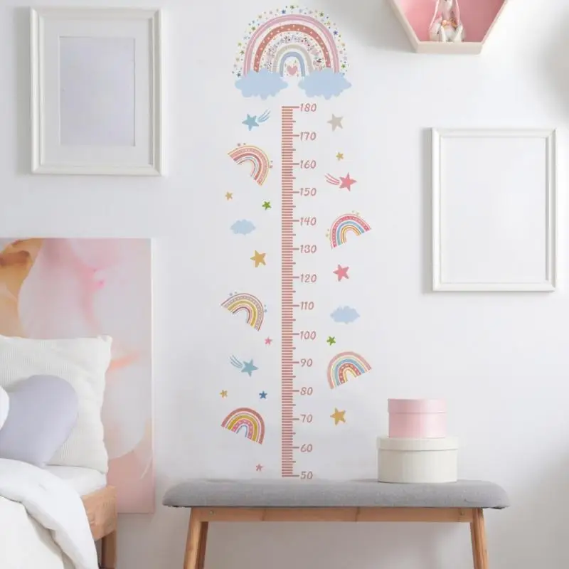 U2JC Nursery Height Growth Chart Wall Decal Cartoon Rainbow Pattern Self Adhesive Height Measurement Ruler Wall Sticker Set