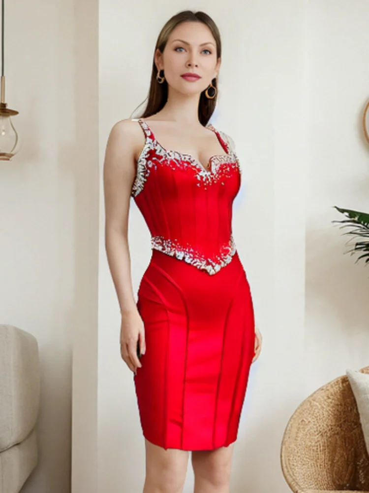 Sexy Spaghetti Strap Sparkling Crystal Bandage Dress Women Black Red Sleeveless Shiny Beaded Bodycon Midi Dresses Evening Party