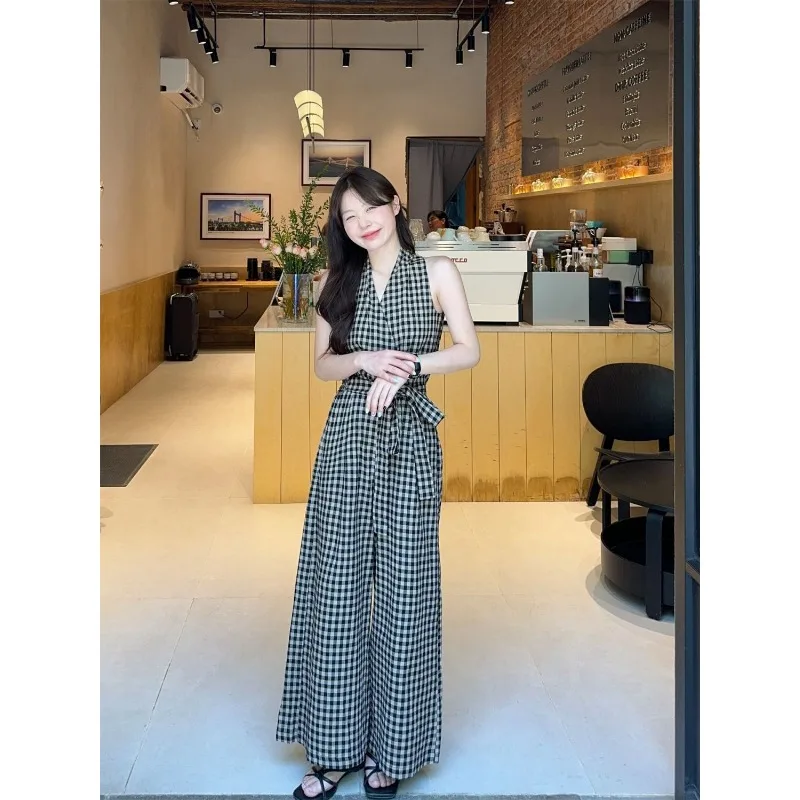 봄과 여름 신상 한국 스타일 니치 디자인 레이스업 홀터 체크 조끼 와이드 레그 캐주얼 팬츠 투피스 세트