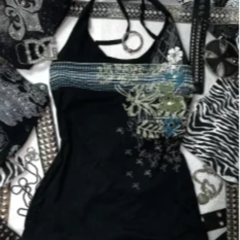 الصيف خمر القوطية مثير E-girl سليم الدبابات شخصية زهرة طباعة هوتي معلقة الرقبة أعلى اليابانية 2000s سترة المرأة السوداء