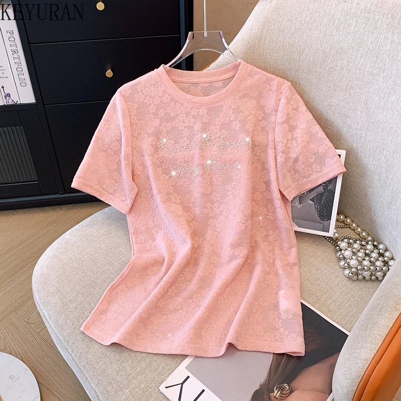 2024 Summer Lace Floral Jacquard Short Sleeve T-shirt Women Korean Fashion Vintage Clothes O-Neck Pullover Hot Drill Tees Tops