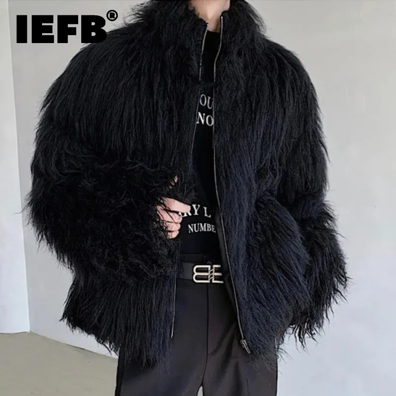 IEFB Fashion Solid Color Men's Fur Clothing Cotton Jacket 2023 Autumn Winter New Trendy Menwear Stand Collar Loose Top 9C3655