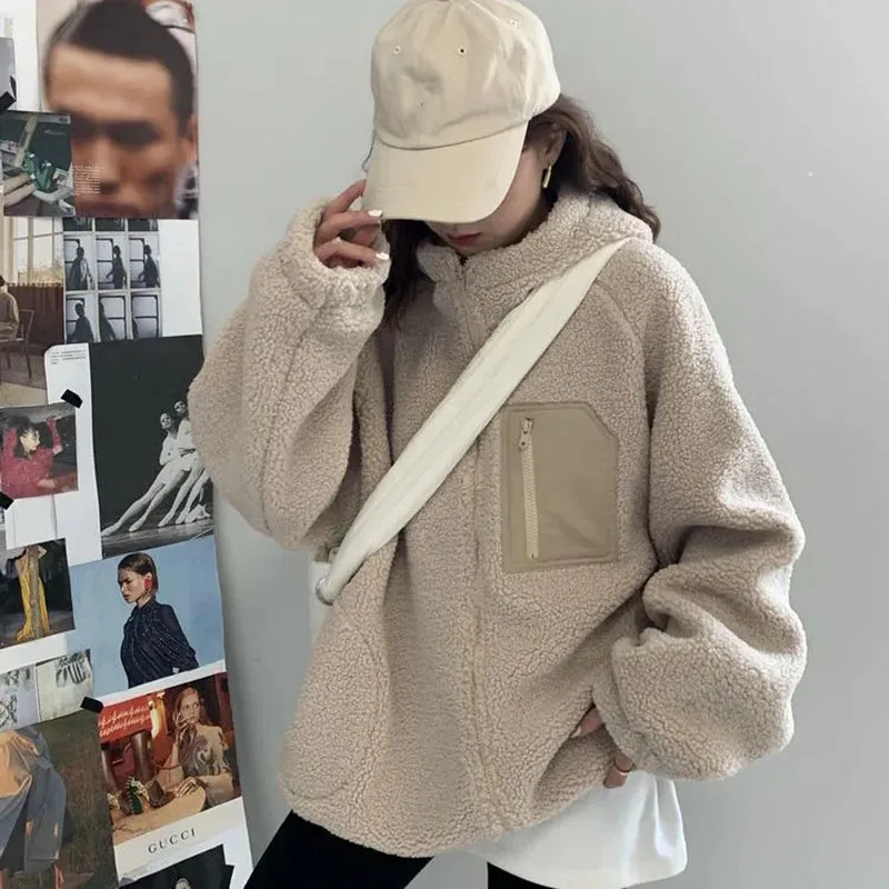 Xpqbb 2024 Autumn Winter Women\'s Jacket Casual Loose Thick Warm Lamb Wool Outwear Woman Korean All-match Streetwear Hooded Coat