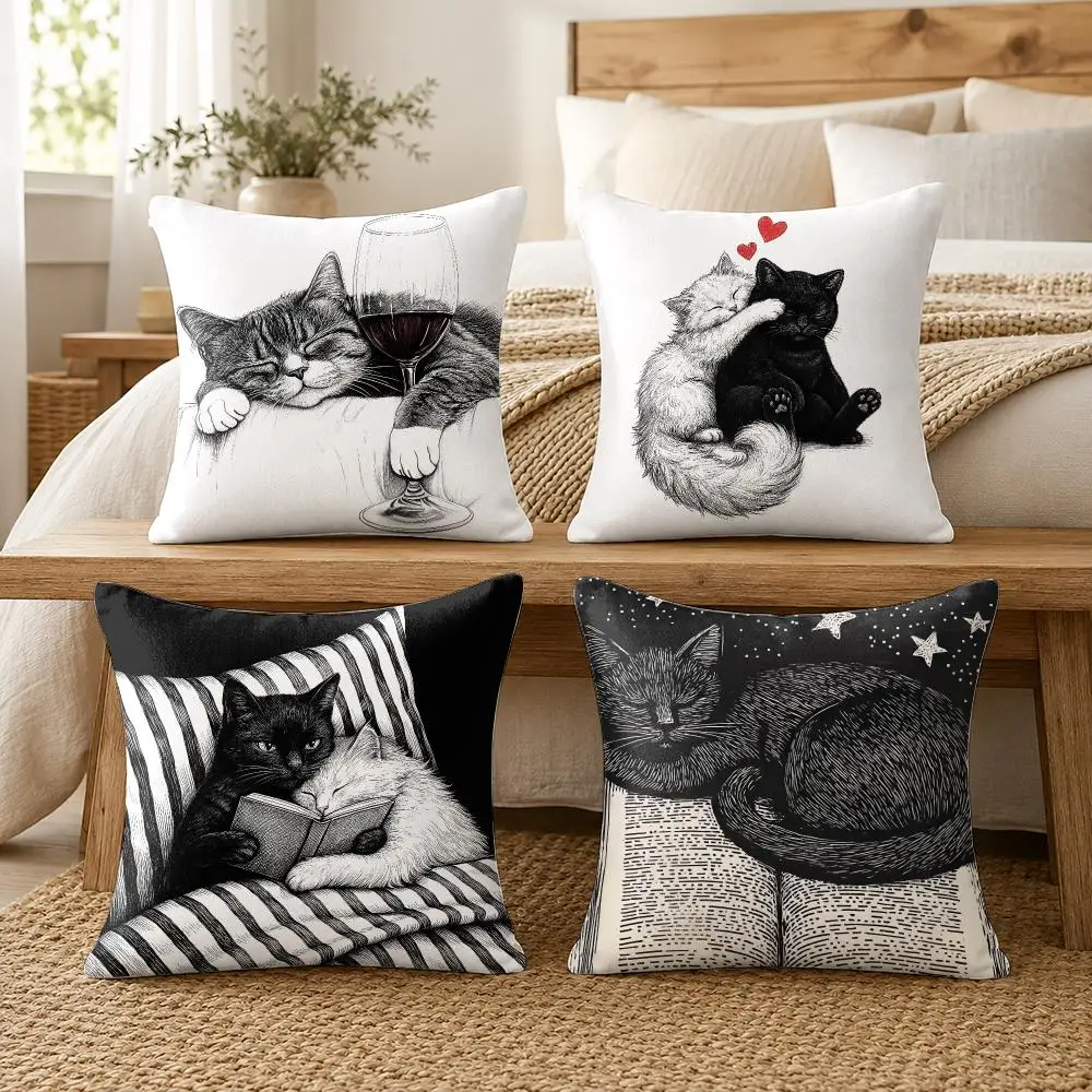 Couple Cats Cushion Cover Silky Short Plush Invisible Zipper Dustproof Sofa Pillow Case For Home Decor