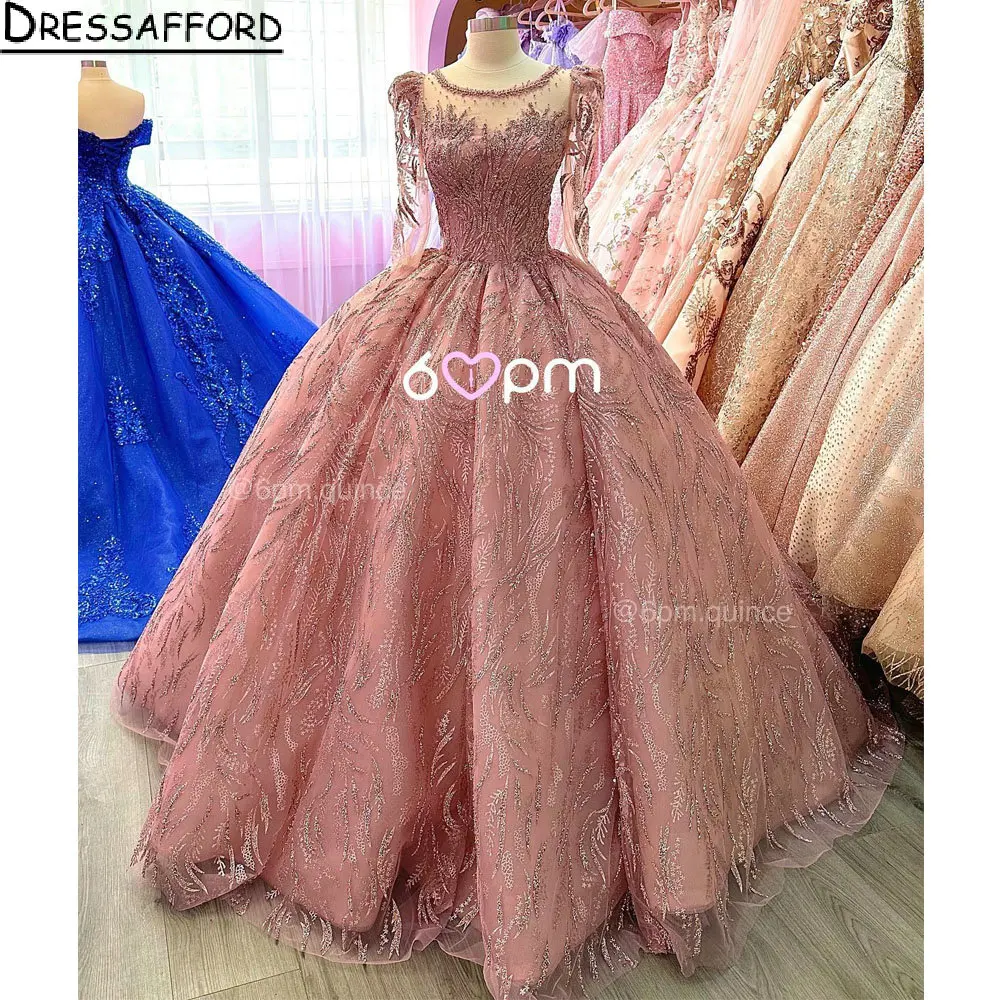 Rosa Glitter Perlen Perlen Ballkleid Quinceanera Kleider Illusion Langarm Pailletten Kristall Korsett Vestidos Para XV Años