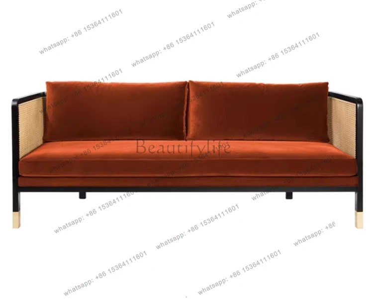 

Скандинавский современный диван-тройка из массива дерева и ротанга, простой американский диван-кресло с тканевой обивкой