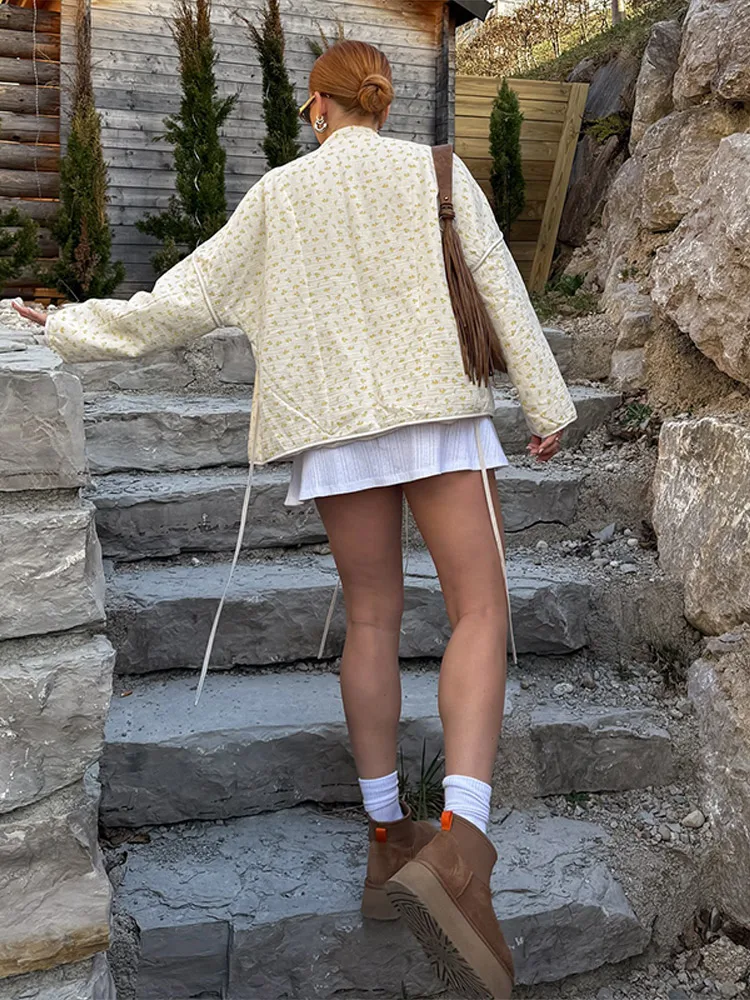 

Sweet Floral Print Women's Coat Lace up V Neck Long Sleeve Casual Loose Jacket 2025 Autumn Winter Warm Chic New Lady Outerwear