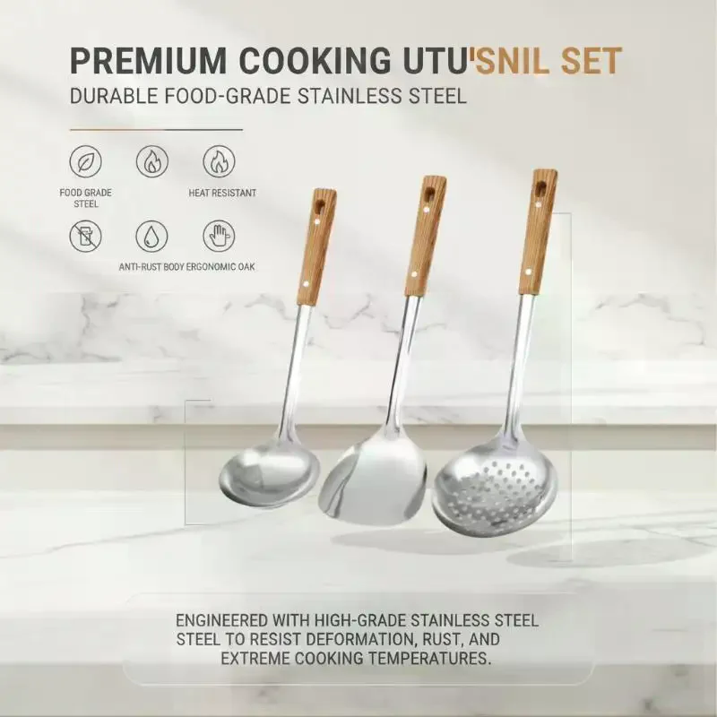 3Pcs Stainless Steel Spatula Set, Imitation Wood Grain Handle Spoon and Slotted Shovel for Kitchen Cooking