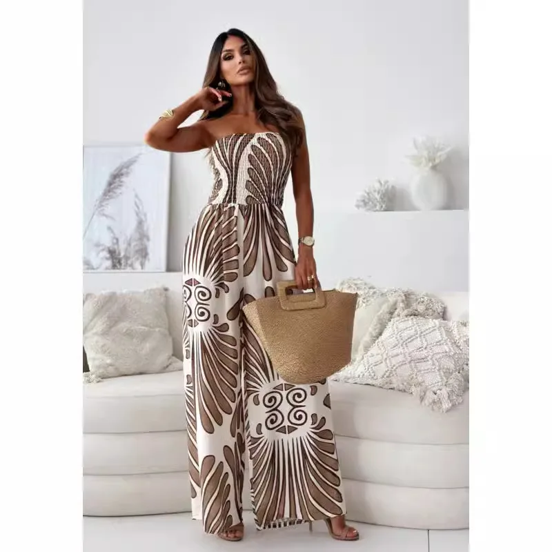 Summer Fashion Printed Wide Leg Jumpsuit Women Sexy Slash Neck Off-shoulder High Waist Jumpsuit Women jumpsuits dames