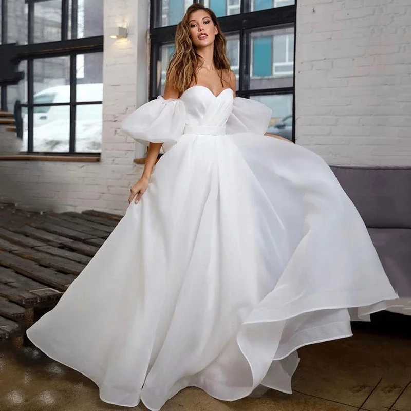 

Princess Puff Short Sleeve White Wedding Dress Plus Size Bridal Dresses Lace up Back vestidos de novia Wedding Gowns Customized