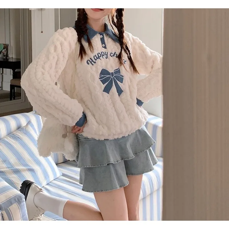 Top color albicocca in peluche da ragazza cremosa per donna, cappotto con risvolto caldo con design bowknot autunnale e invernale