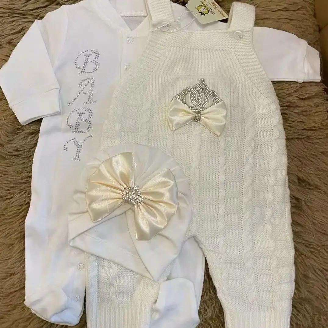 Ins Handmade NewBaby Cotton Romper Children's Quality Sweet Clothing  Baby Sweet Boutique Baptism Sweater Three-piece Set