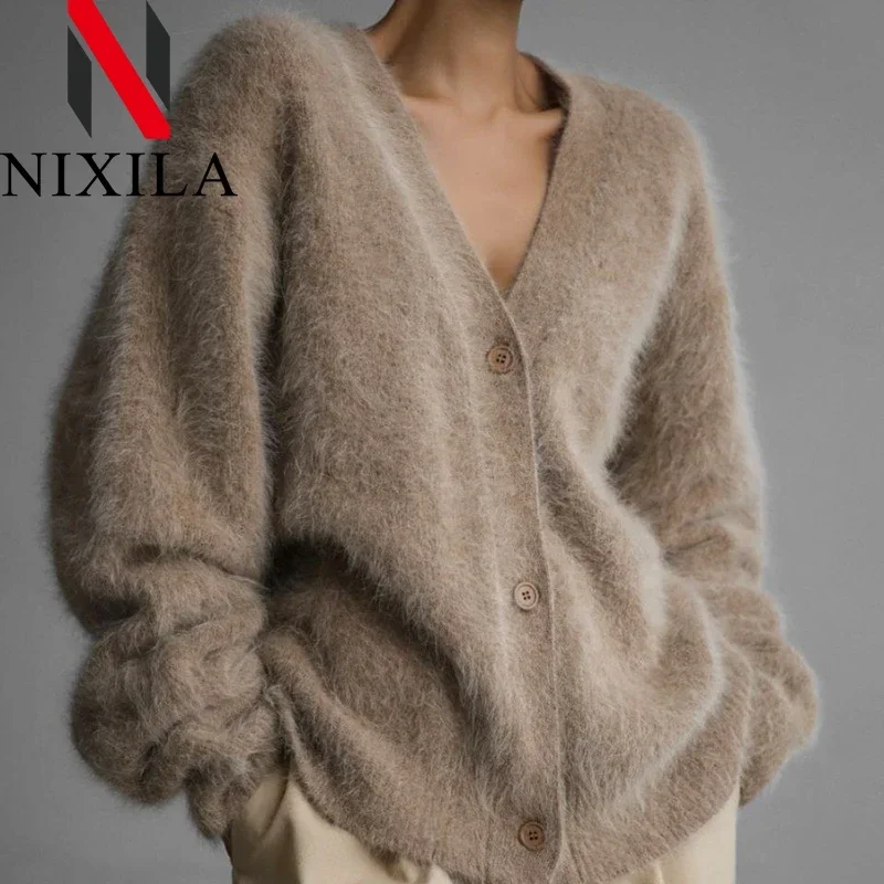 

Autumn Winter Women Knit Cardigan Lazy Casual Loose V-Neck Sweater Long Sleeve Tops Office Ladies Coat Single Breasted Knitwear