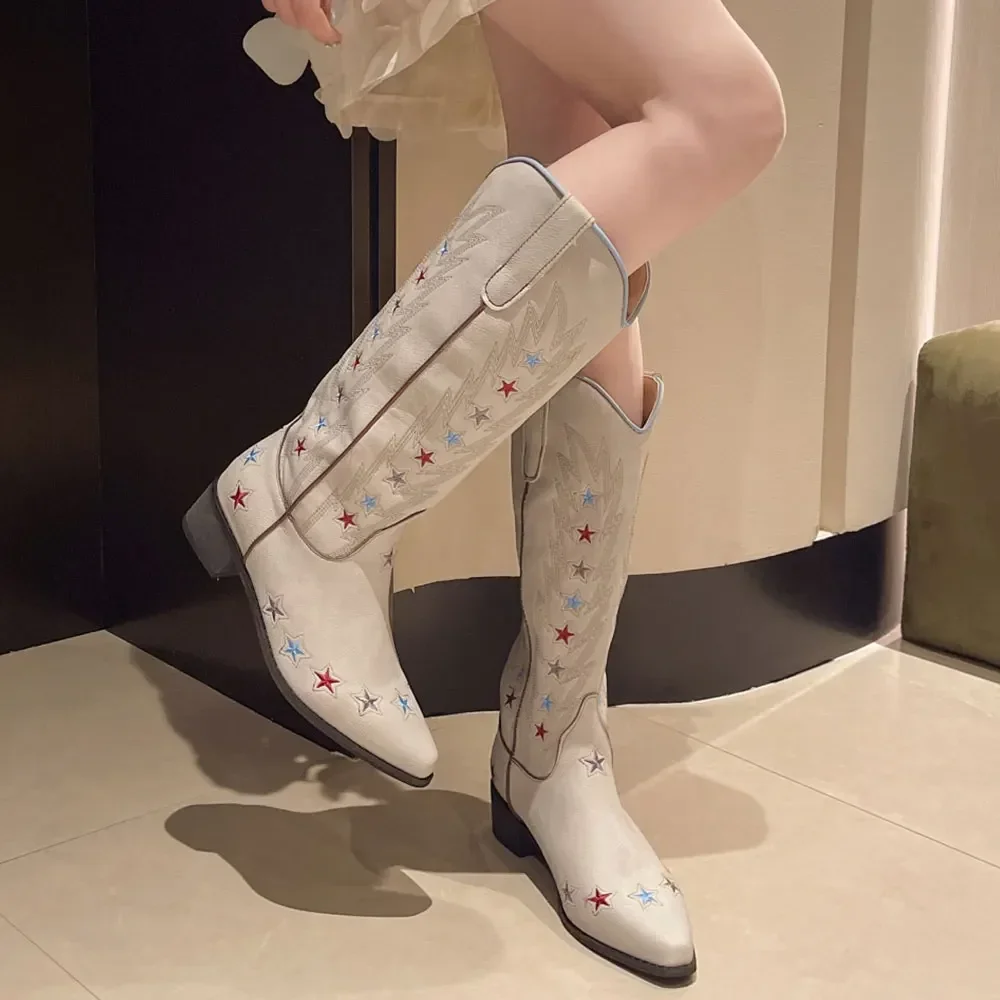 New Vintage Stars Embroidery Cowboy Boots Beige Pointed Toe Square Heels Cowgirl Music Festival Mid-calf Boots Size 35-42