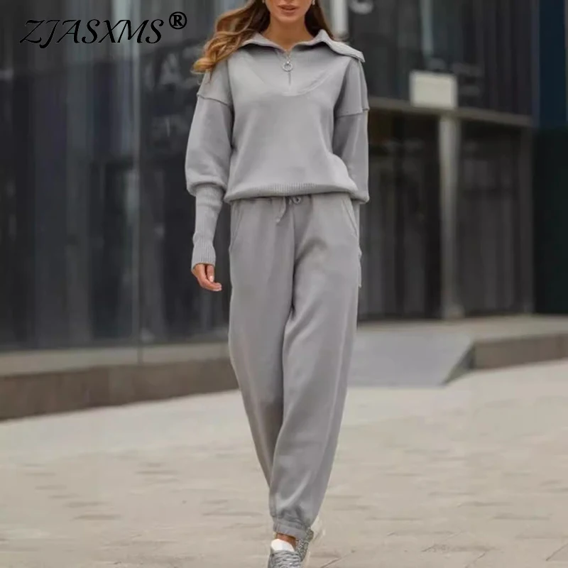 Y2K Clothes Women Casual Solid Two Piece Set Autumn Zip Lapel Sweatshirt Pullover & Lace-up Pants Outfit Winter Long Sleeve Suit