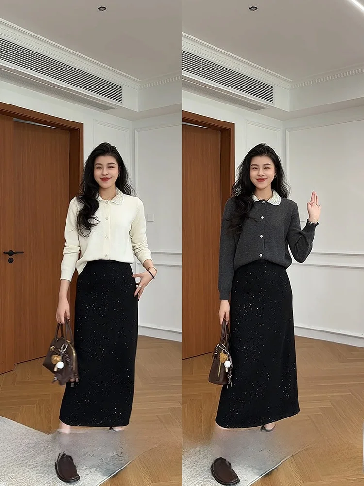 

Zhang a Xing Pearl Collar Bright Sparkling Color Sweater High Waist f Skirt Faion Set for Young Women Winter Autumn