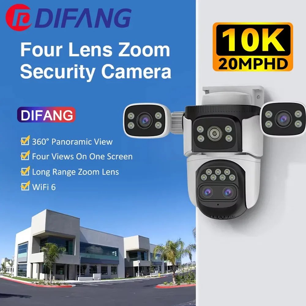 

10K WiFi IP Camera Outdoor Wireless 10X Zoom 20MP Four Screen Four Lens PTZ Automatic Tracking Waterproof Security Camera CCTV