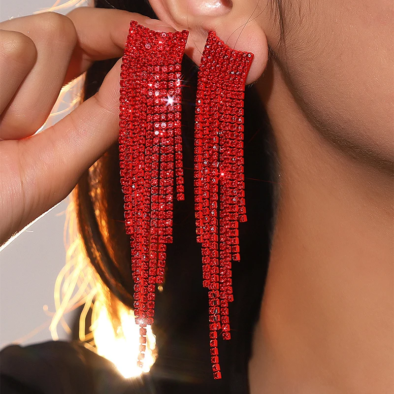 Long Tassel Earrings Jewelry For Women Fashion Red Prom Chandelier Earrings Rhinestone Sparkling Dangling Wedding Ear Studs