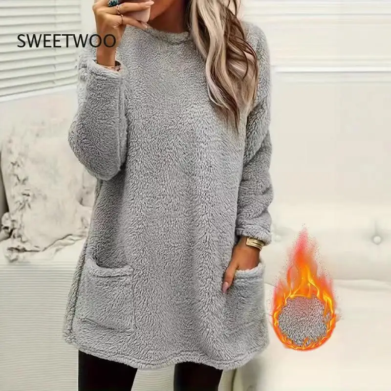 

Женский двусторонний флисовый пуловер с тиснением, осенне-зимний повседневный теплый свитшот с карманами и длинными рукавами
