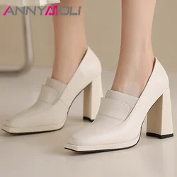 ANNYMOLI Women Genuine Leather Pumps Thick High Heels Square Toe Loafers Platform Party Wedding Spring Autumn Shoes White Brown