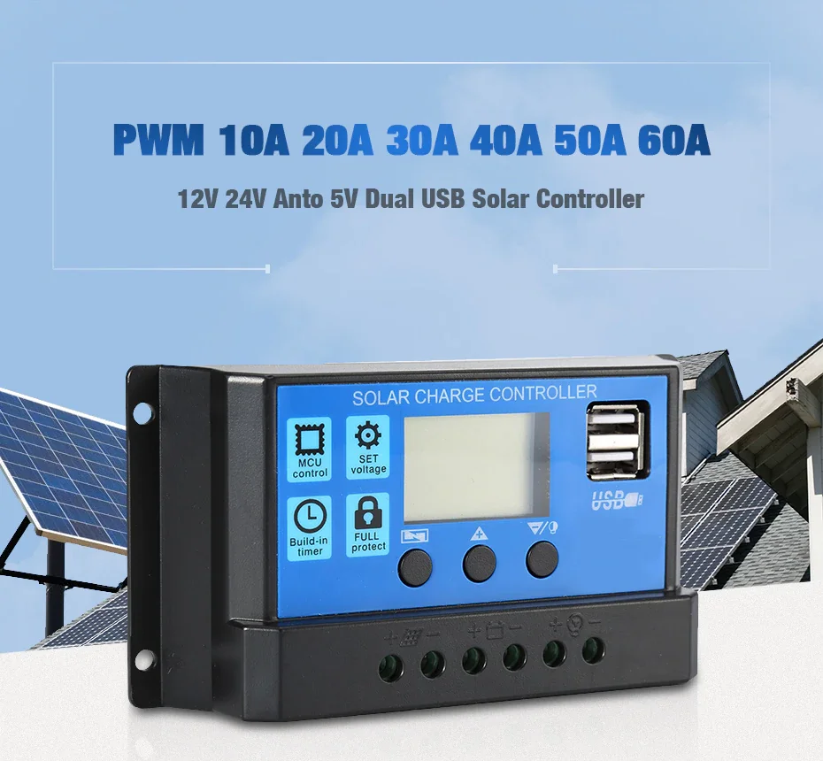 Solar Charge Controller 30A 10A 12V/24V Regulator Solar Panel PV Home with PWM Solar Charger LCD Display Dual USB Output DC 5V