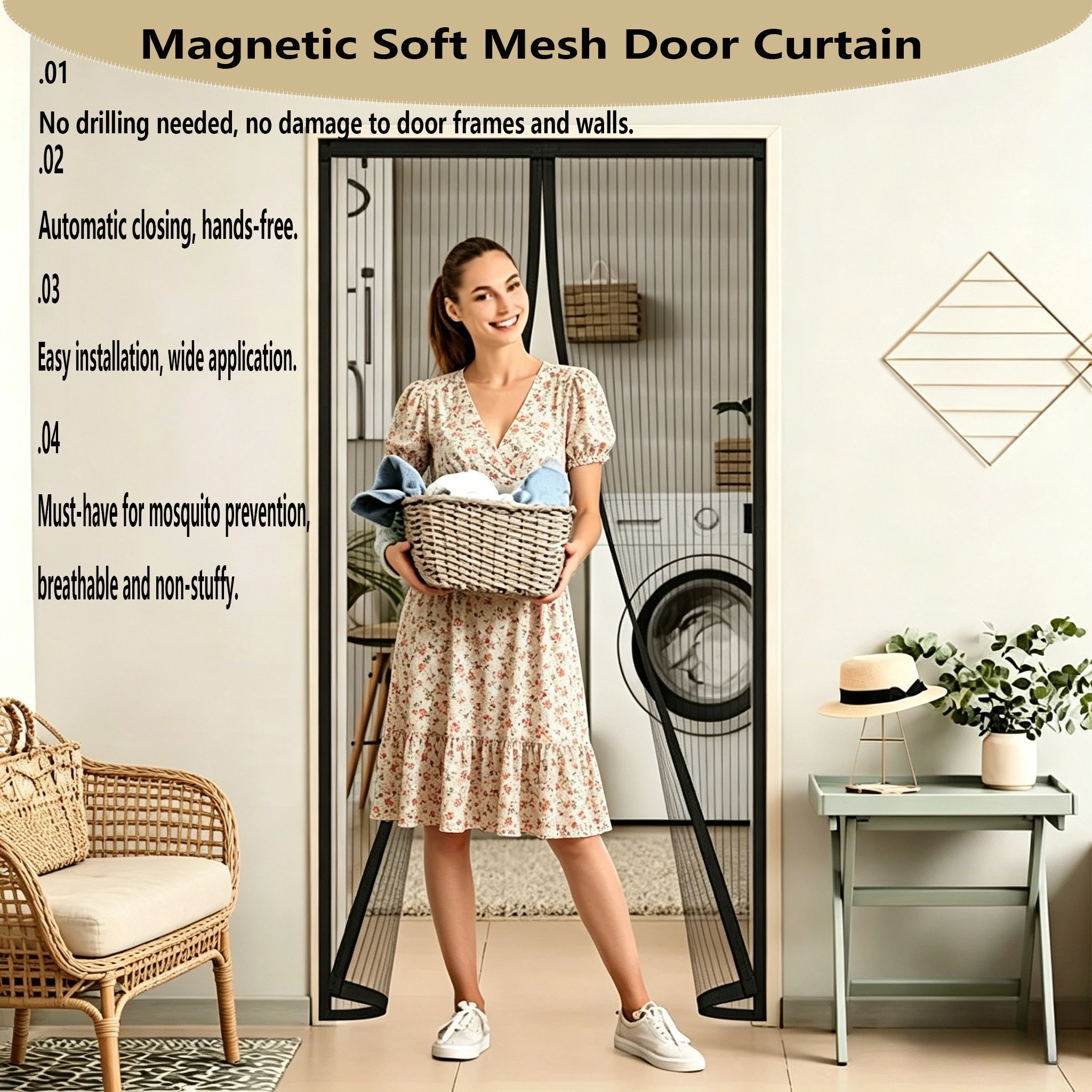 Magnetic Soft Mesh Door Curtain, Self-Adhesive, Punch-Free, Embroidery Anti-Mosquito Screen for Summer