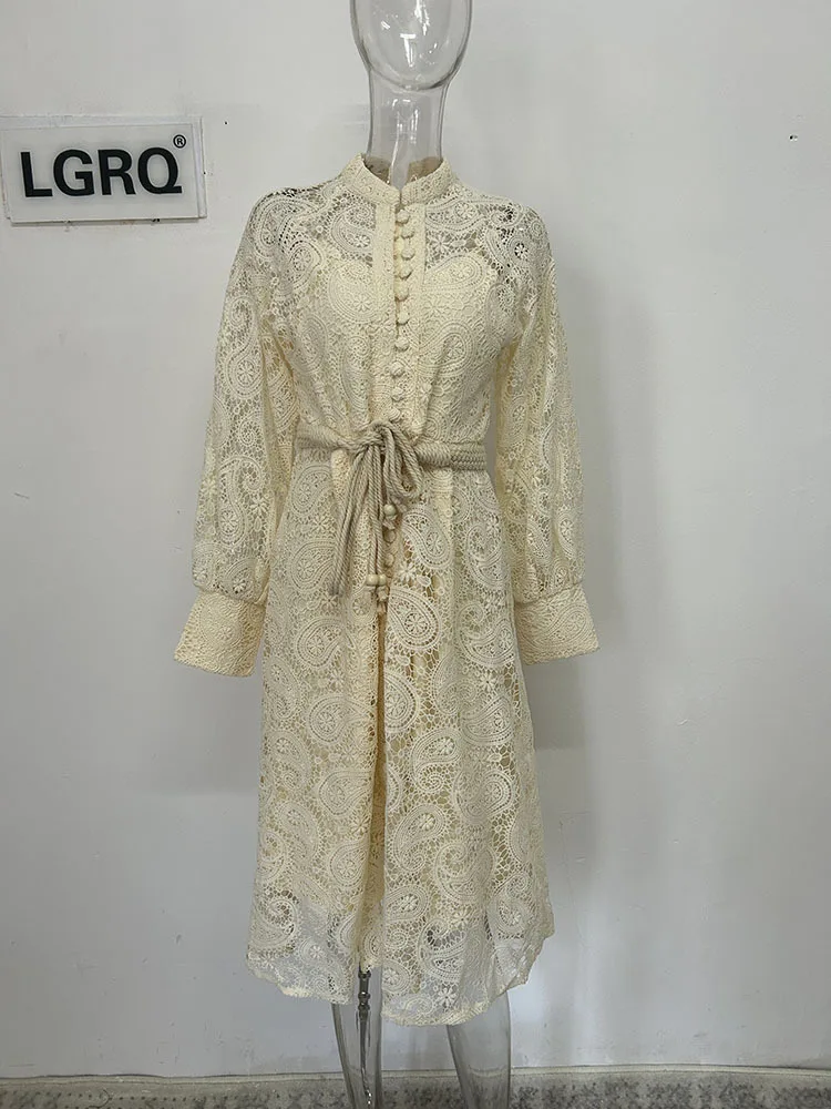 LGRQ-Robe en Dentelle Ajourée à Manches sulfpour Femme, Vêtement à Simple Boutonnage, Ceinture, Taille Basse, Nouvelle Collection Automne, 19ZZ877