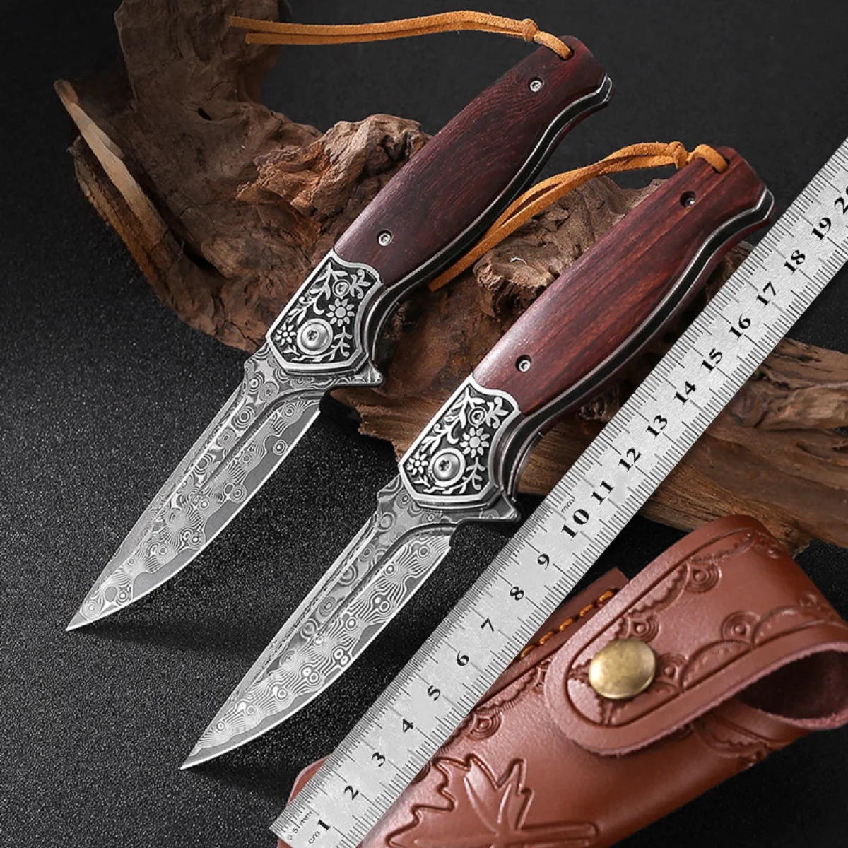 7.4 inch High Quality EDC Folding Knife with Scabbard Damascus Steel Portable Pocket Knife for Self Defense Survival Jackknife