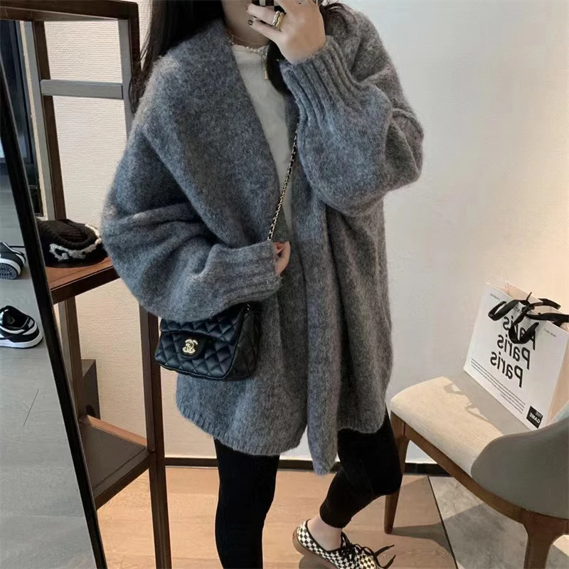 2024 Autumn Winter Thicken Warm Women Cardigan Sweater Korean Lazy Wind Soft All Match Cardigans Tops Solid Loose Knitted Coats