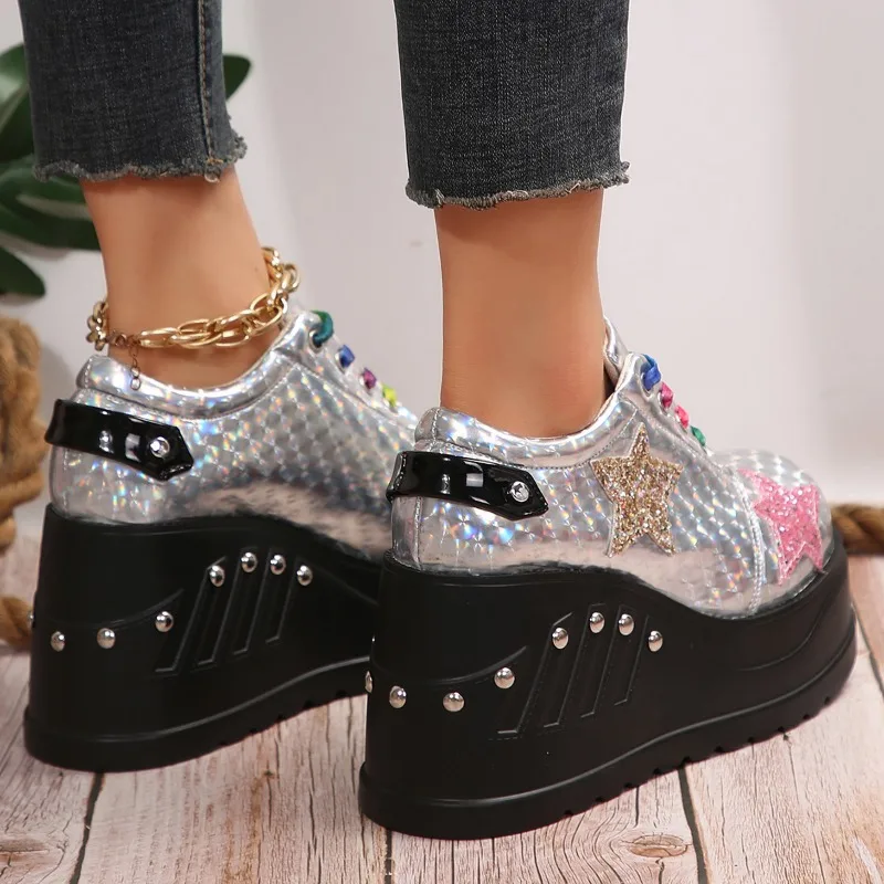 Gothic Chunky Platform Wedges Shoes Women 2024 New Sweet Cute Fashion Pumps Shiny Silver Ladies Mary Jane Single Shoes Zapatos