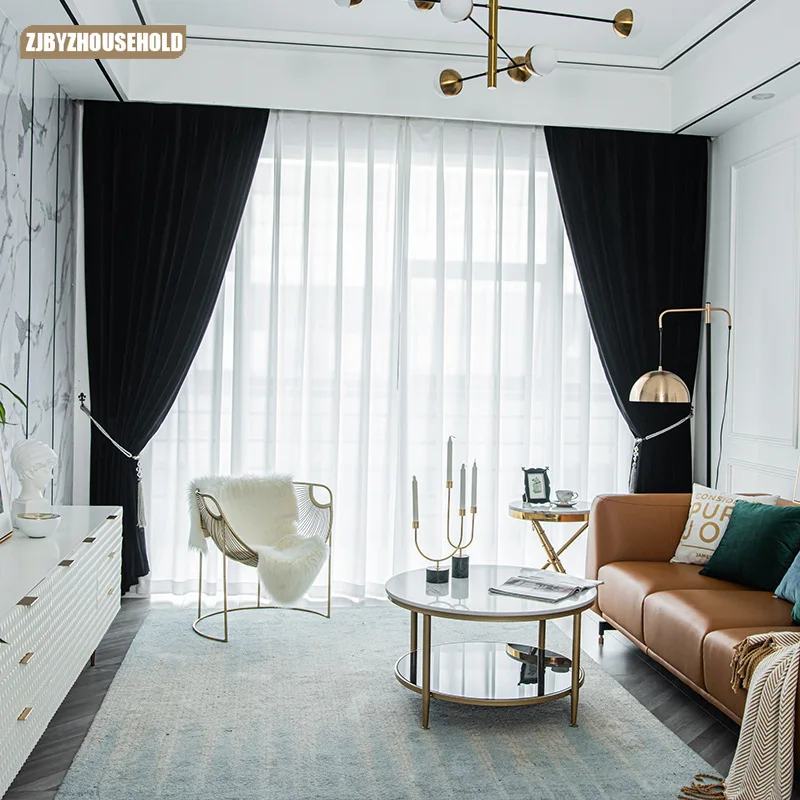 

Curtains Thickened Velvet Pure Black Curtains for Living Dining Room Bedroom Balcony Bedroom Blackout Black High Modern