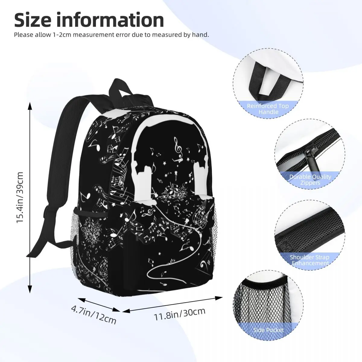 Headphones And Music Notes White Backpacks Teenager Bookbag Cartoon Children School Bags Travel Rucksack Shoulder Bag