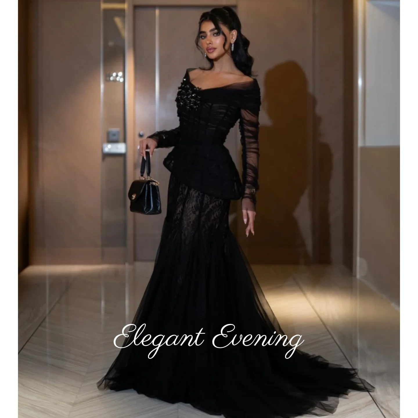 

Elegant Black Lace Prom Dress with Long Sleeves Crystal Evening Dresses V-Neck Mermaid Arabia Wedding Dresses Customized 2025
