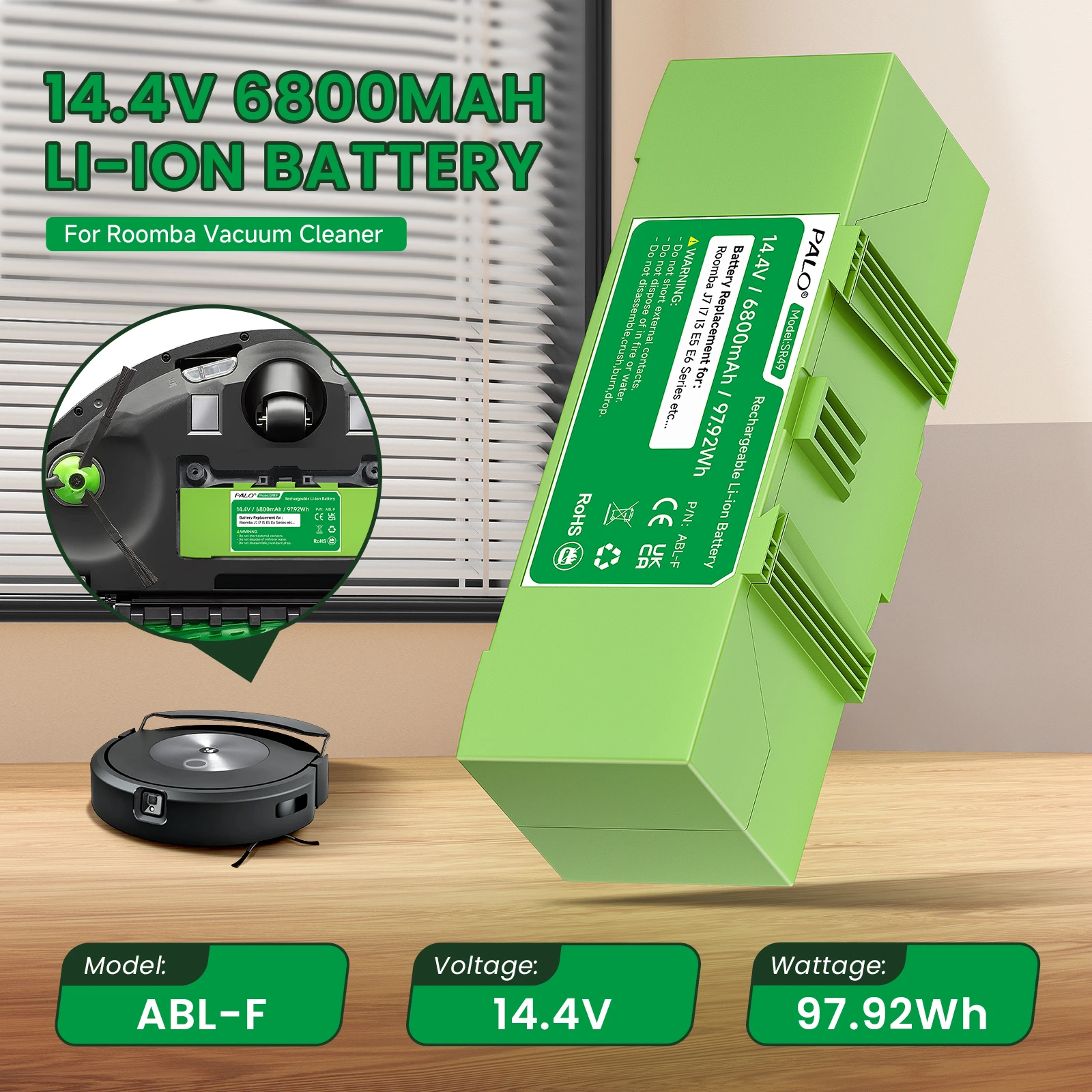 6800mAh for IRobot Roomba I7 Battery Rechargeable 14.4V for Roomba J7 I7 I8 I3 I4 E5 E6 J7+ i7+ i8+ i3+ I4 Series Vacuum Cleaner