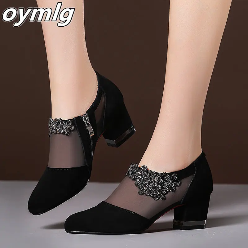 Summer Women High Heel Shoes Mesh Breathable Pumps Zip Pointed Toe Thick Heels Fashion Female Dress Shoes Elegant Footwear