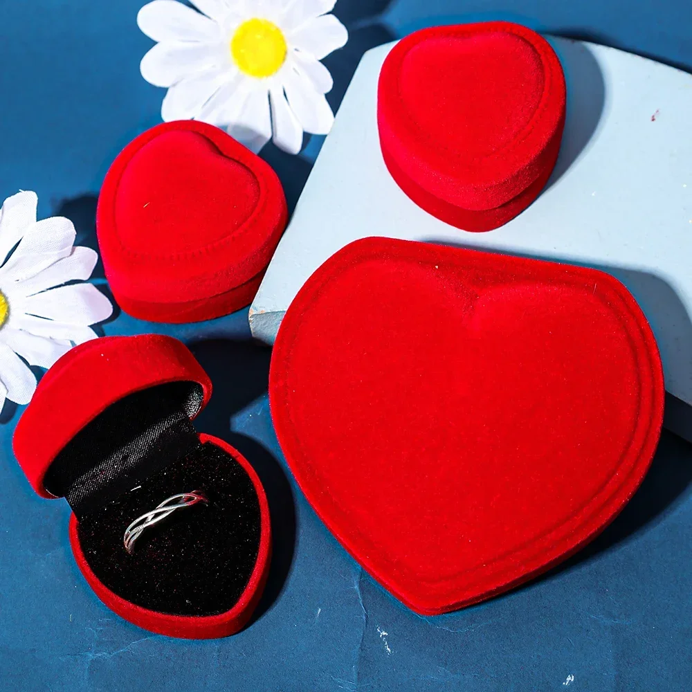 Multi size Flocking Red Heart Ring Boxes Jewelry Necklaces Earrings Display Case Wedding Ring Box Packaging Valentine’s Day Gift