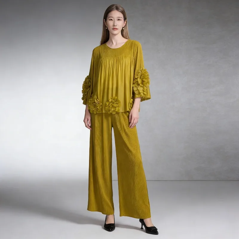 

Miyake Pleated Pants Set Plisse 2026 Spring/Summer New Fashion 3D Flower Decorated Pullover Top+Wide-Leg Pants Fold 2-Piece Set
