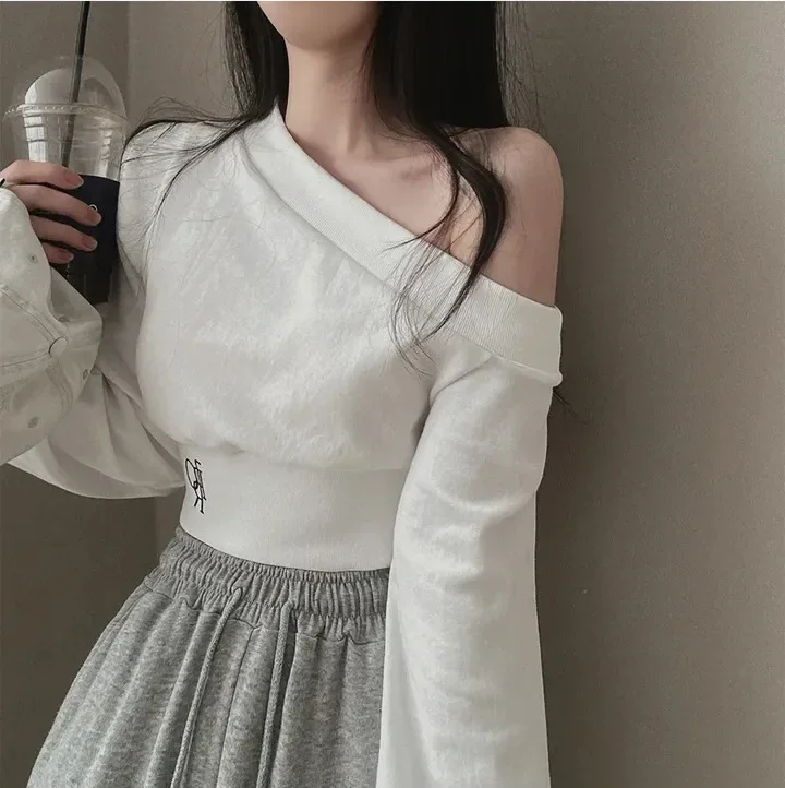 الحلو فتاة حار قصيرة الأكمام الكتف عارية البلوز المرأة فضفاضة مطرزة قصيرة طول البطن Baring أعلى الخريف ارتداء #3