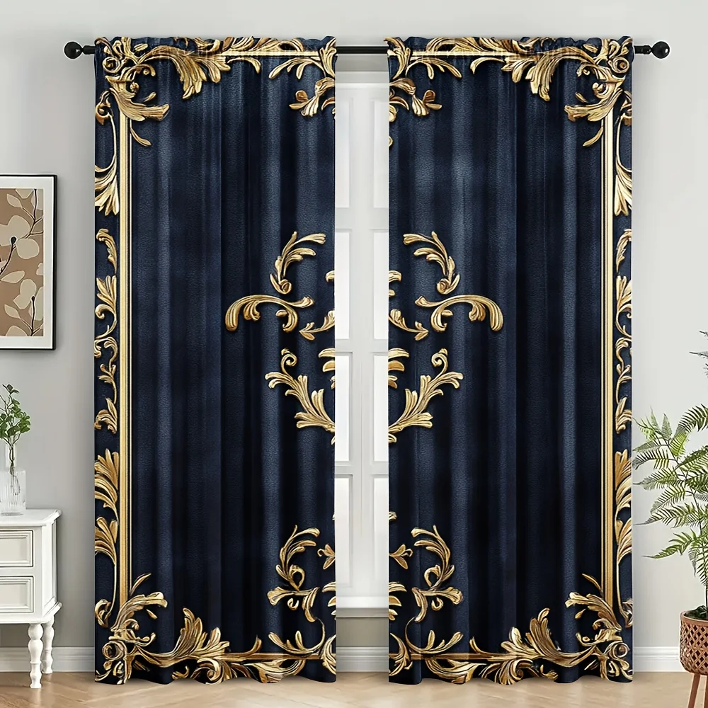 Black and Gold Curtains Elegant Baroque Design Luxury Home Decor Artistic Frame Pattern Window Drapes Fashion Interior Style