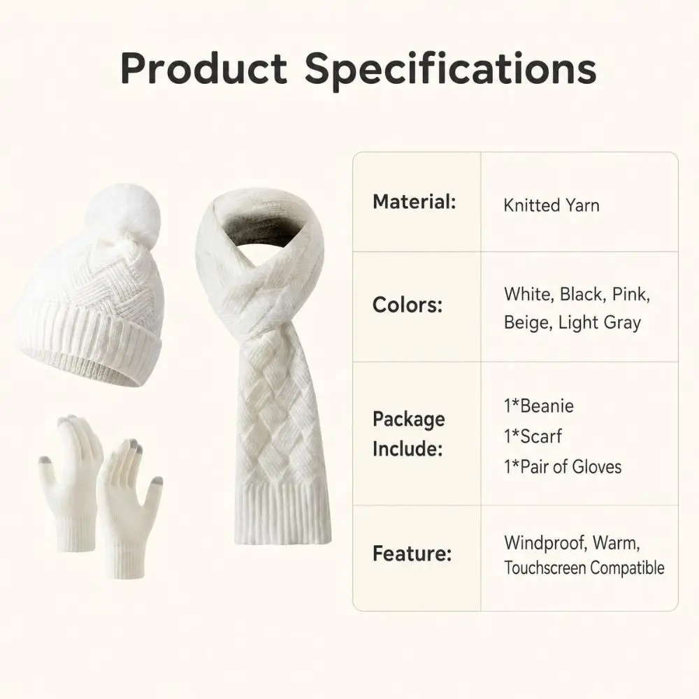 3Pcs/Set Warm Winter Hat Scarf Gloves Set Thicken Windproof Scarf Neck Warmer Suit Knitted Elastic Knit Beanie Snood Set Unisex