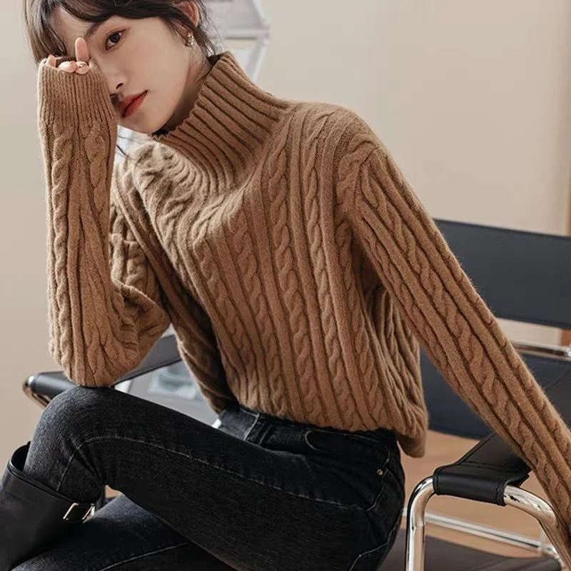 Vintage Vertical Striped Sweater Women Knitted Casual Jumper Korean Fashion Loose Knitwear Pullover Turtleneck Tops T336