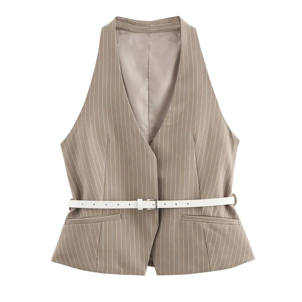 

DiYiG WOMAN 2025 Spring New Fashion Lazy Style Belt Vest Chic V-Neck Casual Striped Sleeveless Top Mujer