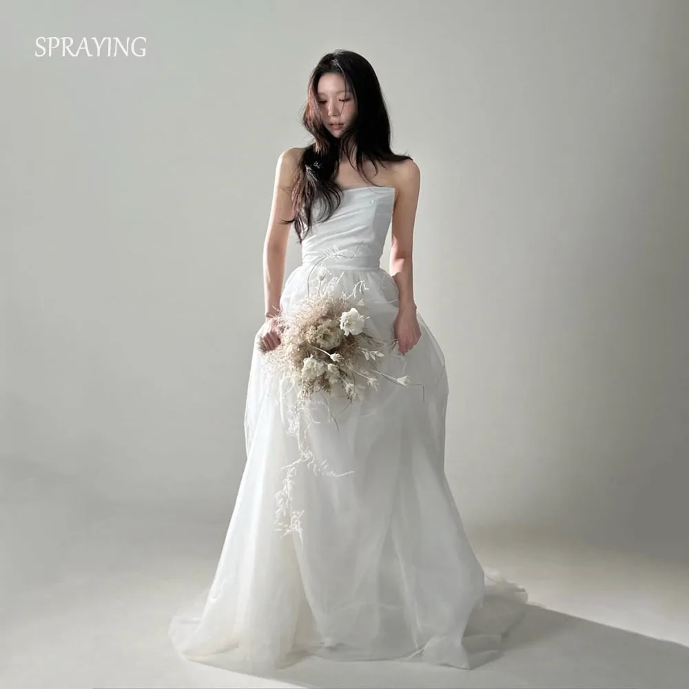 シンプルなアイボリーチュールウェディングドレス韓国フォトシュートストラップレスAラインロングブライダルガウンコルセットカスタマイズ 웨딩드레스2026
