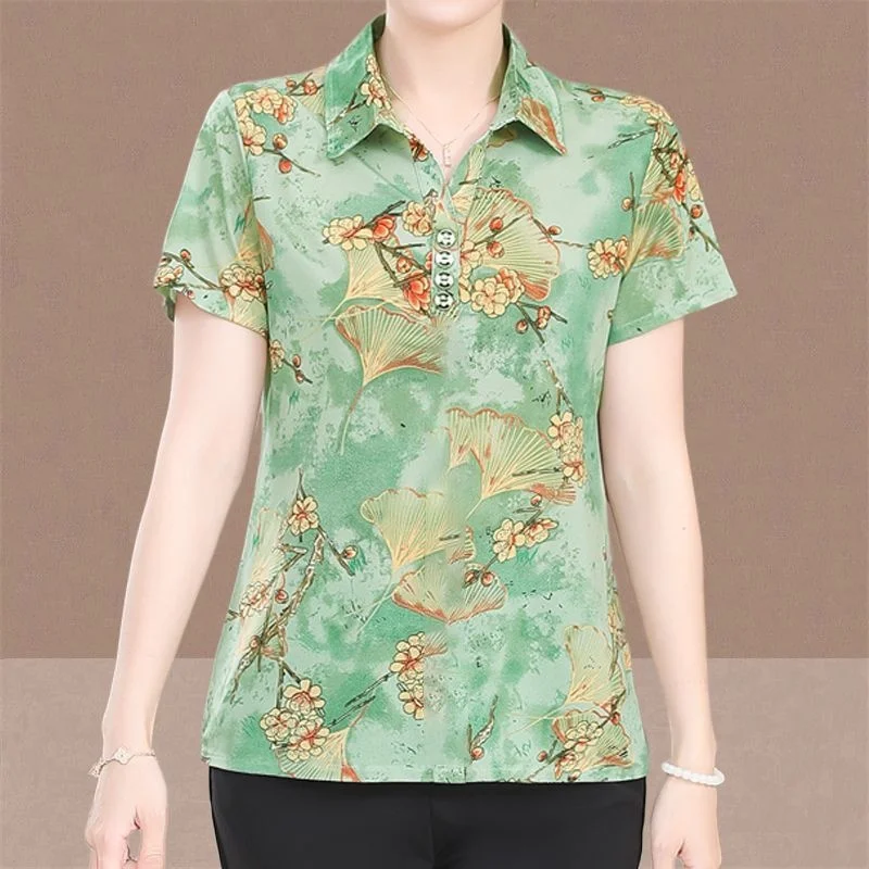

New Style Of Middle-aged And Elderly Lapel Short-sleeved Fashion T-shirt Shirt Loose Fashionable Top