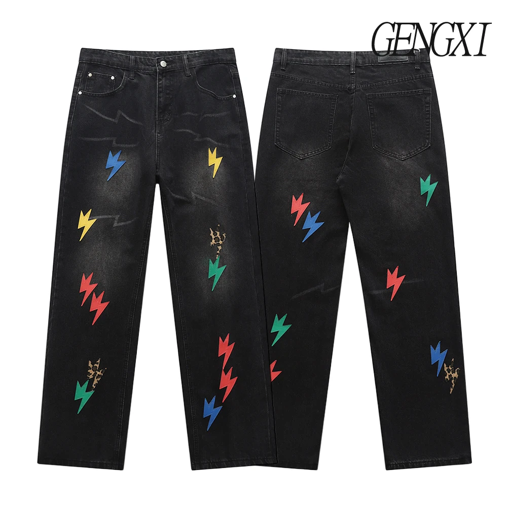 هاي ستريت النمط الأمريكي خمسة ألوان البرق مستقيم الساق الجينز جديد الرجال فيبي العصرية بناطيل كاجوال نمط الشارع Y2K الجينز