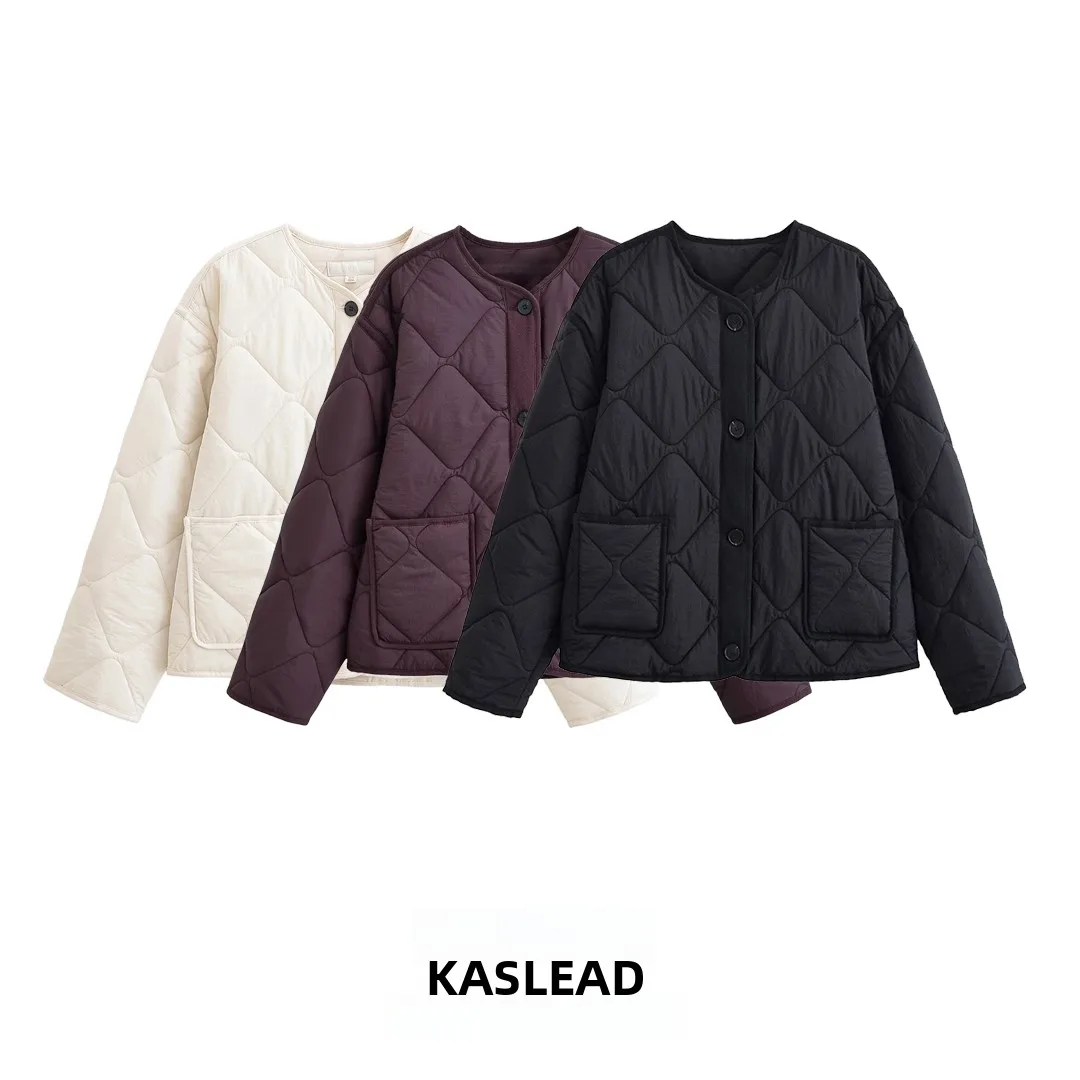 

KASLEAD New Street Sle Women's Jaet Simple White Cotton Quilted Coat Long Sve Button Closure Diamond Pattern Autumn Ou...