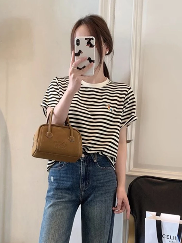 Faionable كلاسيكي مخطط ort Sve تي شيرت المرأة القطن الخالص قاعدة irt الصيف التخسيس الأعلى الكورية Sle جولة Ne