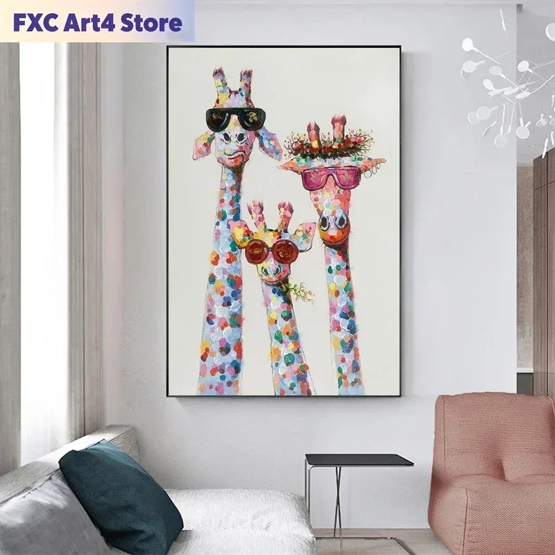 Rahmenloses Leinwandgemälde „Die Giraffenfamilie mit Brille beim Fahren“, Poster, Kunstdruck, Wandkunst für Wohnzimmer, Heimdekoration (Nr. 1)