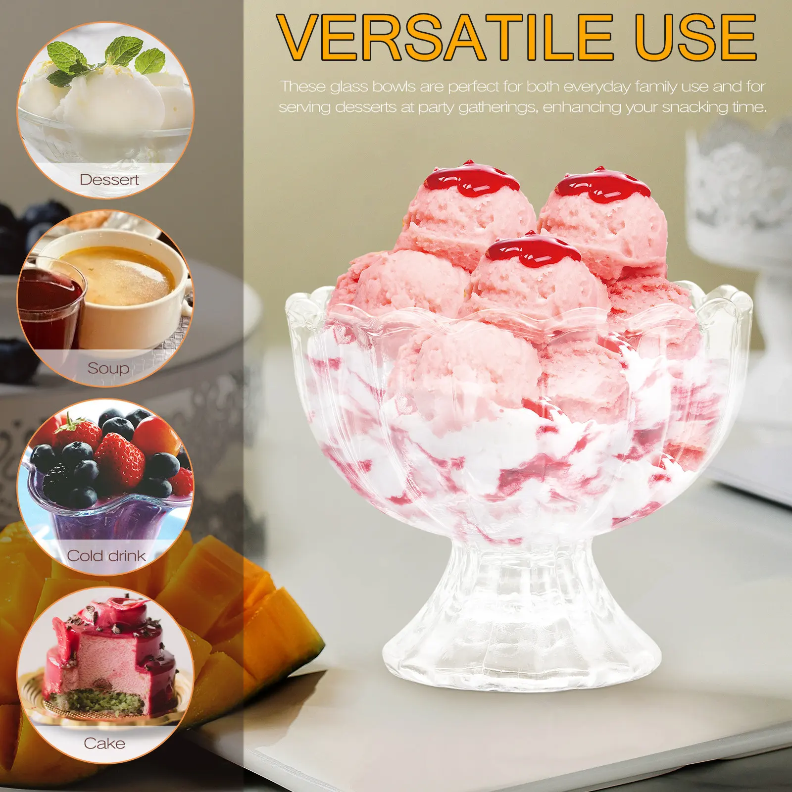 

4Pcs Ice Cream Bowls Glass Dessert Cups Sundae Glasses Vintage Crystal Transparent Reusable Sturdy Footed Trifle Serving Bowls